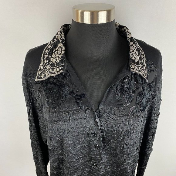 Alberto Makali Button Down Shirt Women's Size XL Crinkle Embroidered Sequins Art - Picture 2 of 12